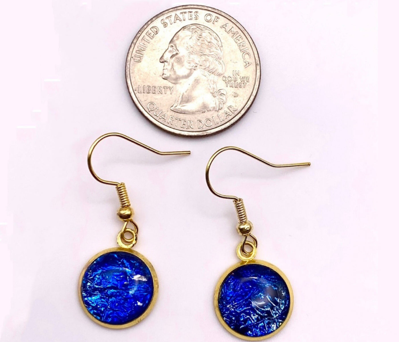 Gold Plated Stainless Steel Dangle Earrings-Blue Foil Resin Druzy Earrings