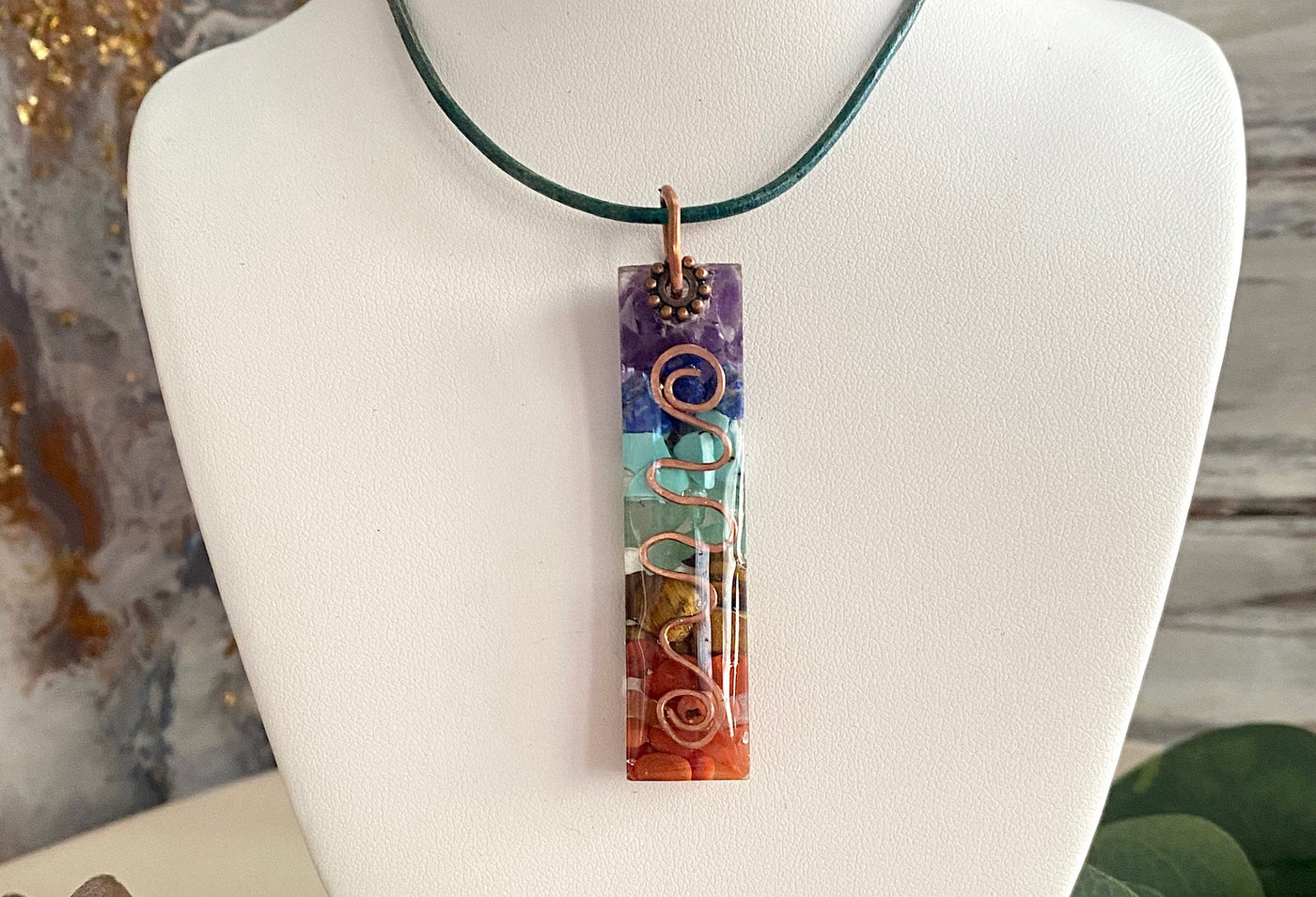 Chakra Stone Necklace-Healing Chakra in Resin-Chakra Stone Resin Pendant with Distressed Leather Cord