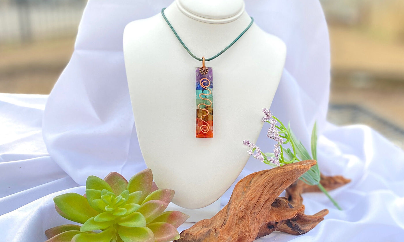 Chakra Stone Necklace-Healing Chakra in Resin-Chakra Stone Resin Pendant with Distressed Leather Cord