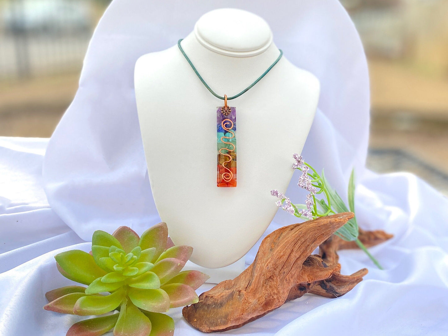 Chakra Stone Necklace-Healing Chakra in Resin-Chakra Stone Resin Pendant with Distressed Leather Cord