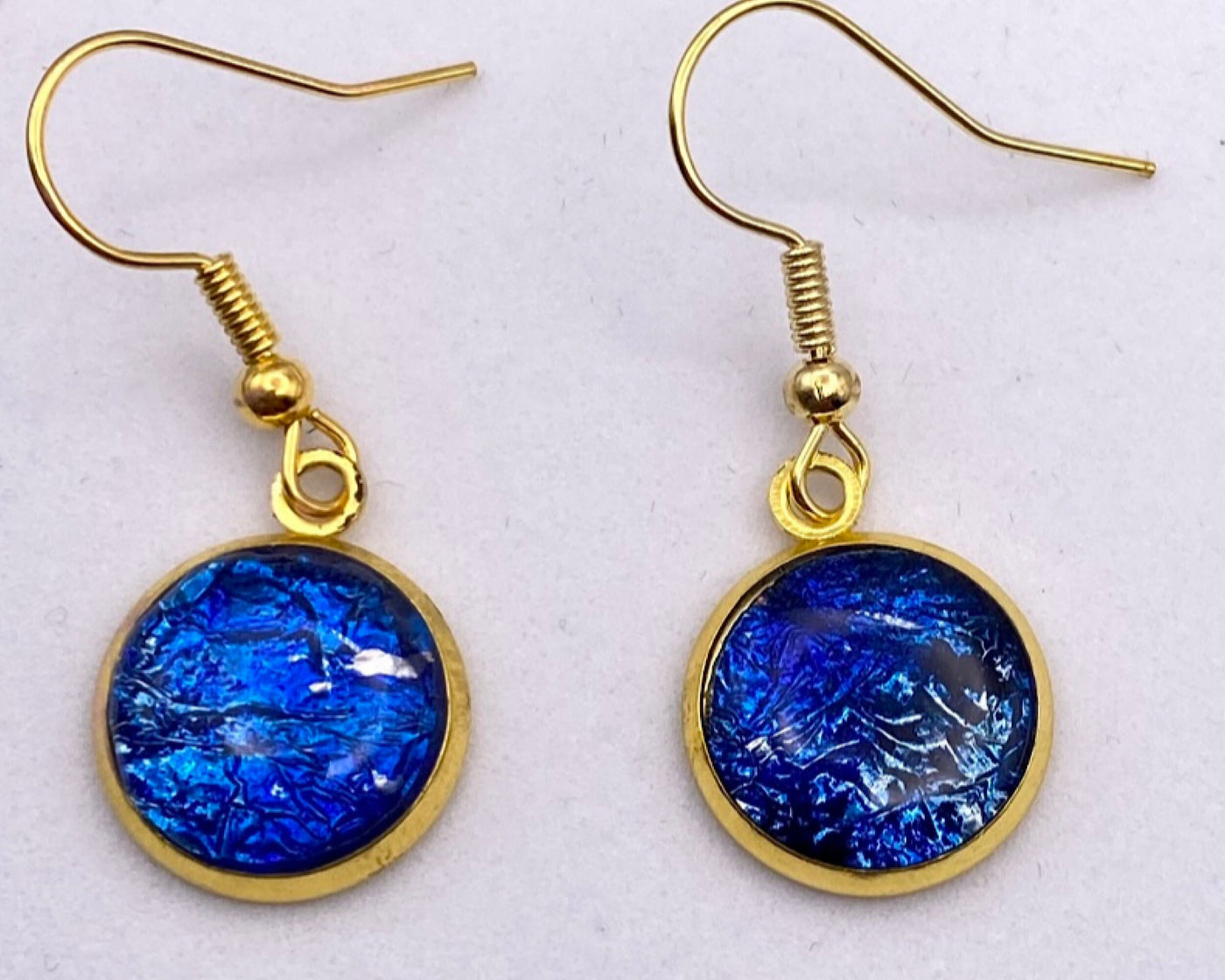 Gold Plated Stainless Steel Dangle Earrings-Blue Foil Resin Druzy Earrings