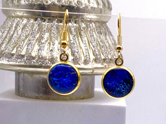 Gold Plated Stainless Steel Dangle Earrings-Blue Foil Resin Druzy Earrings