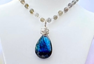 Flashy Blue Labradorite Wire Wrapped Necklace with Grey Labradorite Beaded Silver chain