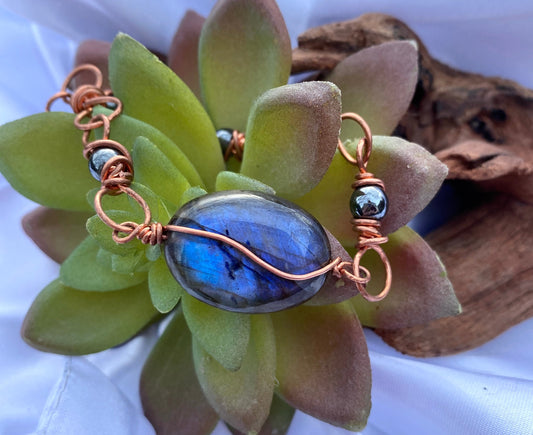 Blue Labradorite, Hematite and Copper Chunky Bracelet-Boho Unisex Jewelry-Handmade in the USA-Christmas Gift for Her or Him-Recycled Copper