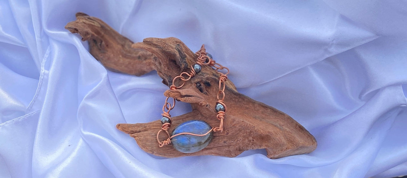 Blue Labradorite, Hematite and Copper Chunky Bracelet-Boho Unisex Jewelry-Handmade in the USA-Christmas Gift for Her or Him-Recycled Copper