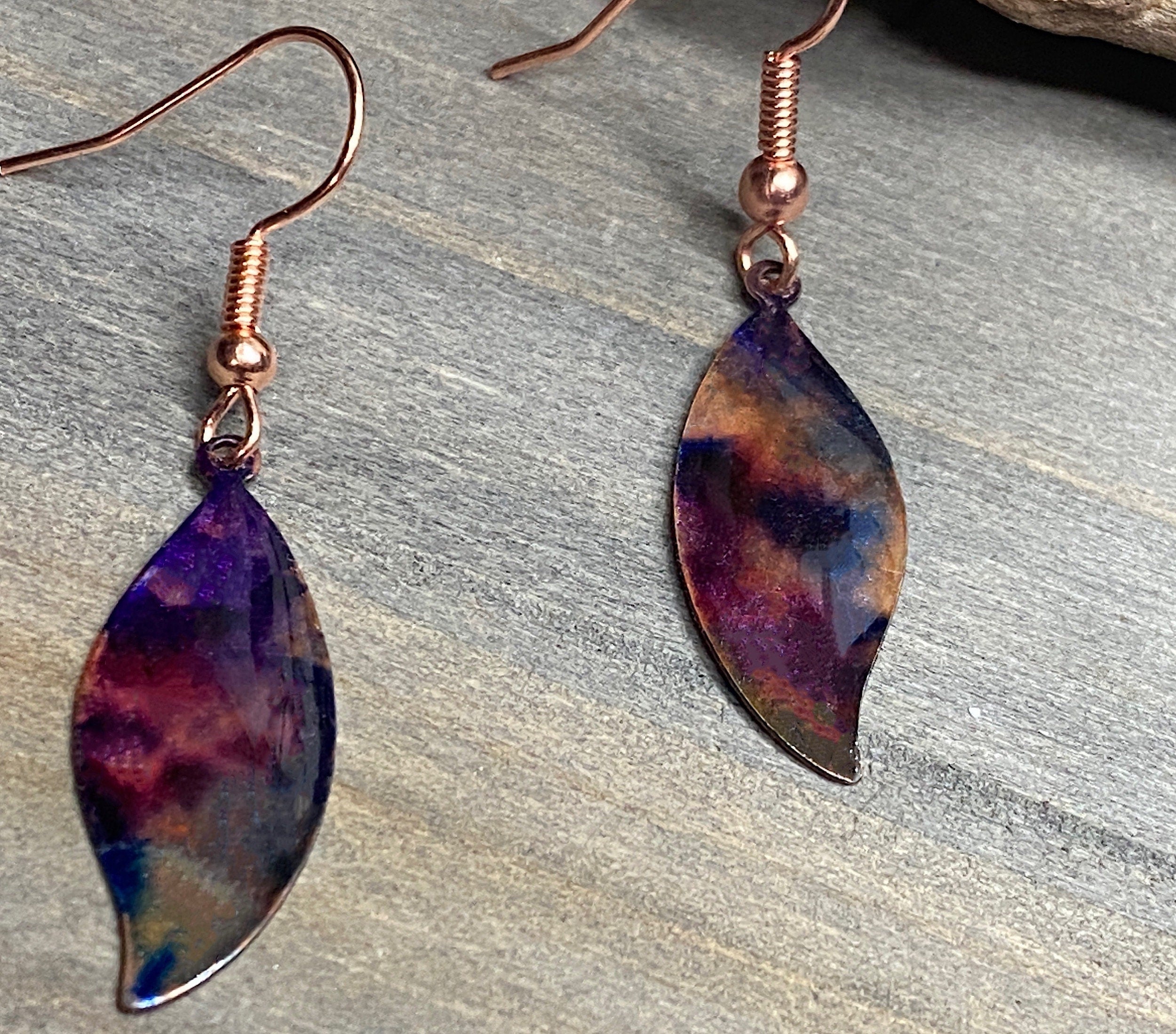 Multicolored Copper Earrings-Flame Painted AND Alcohol Ink Earrings