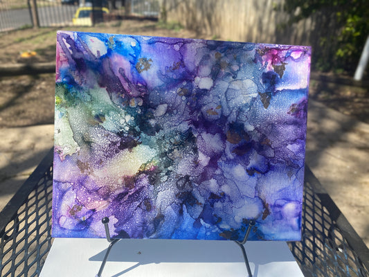 Colorful Alcohol Ink Painting-Flat Canvas Board-8x10 Wall Hanging-Tabletop Decor with Easel or Hanger-Strategically Placed Gold Foil Accents