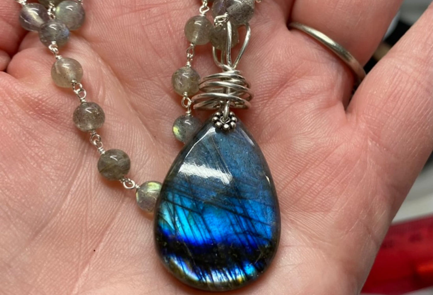 Flashy Blue Labradorite Wire Wrapped Necklace with Grey Labradorite Beaded Silver chain