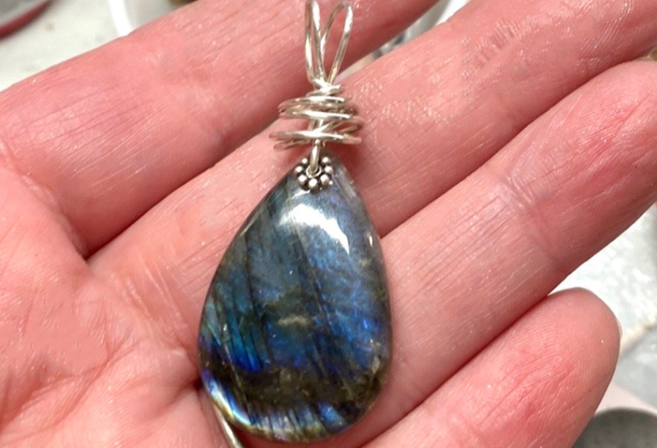 Flashy Blue Labradorite Wire Wrapped Necklace with Grey Labradorite Beaded Silver chain