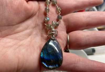 Flashy Blue Labradorite Wire Wrapped Necklace with Grey Labradorite Beaded Silver chain