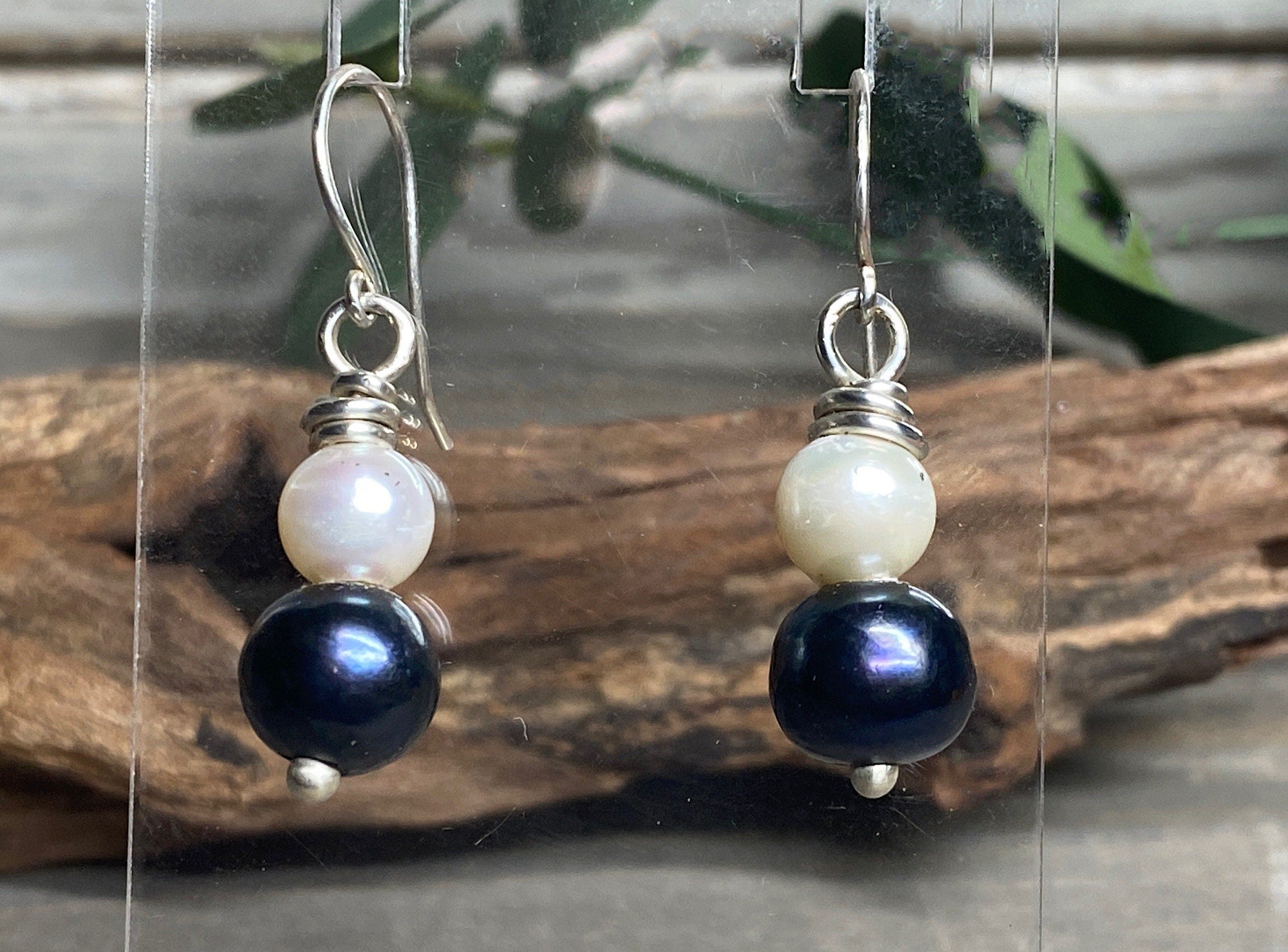 Black and White Freshwater Pearl Earrings in .925 Sterling Silver-Elegant & Handmade Minimalist Jewelry