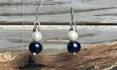 Black and White Freshwater Pearl Earrings in .925 Sterling Silver-Elegant & Handmade Minimalist Jewelry