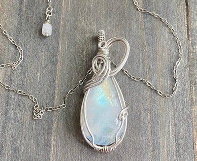 Rainbow Moonstone and Sterling Silver Pendant Necklace