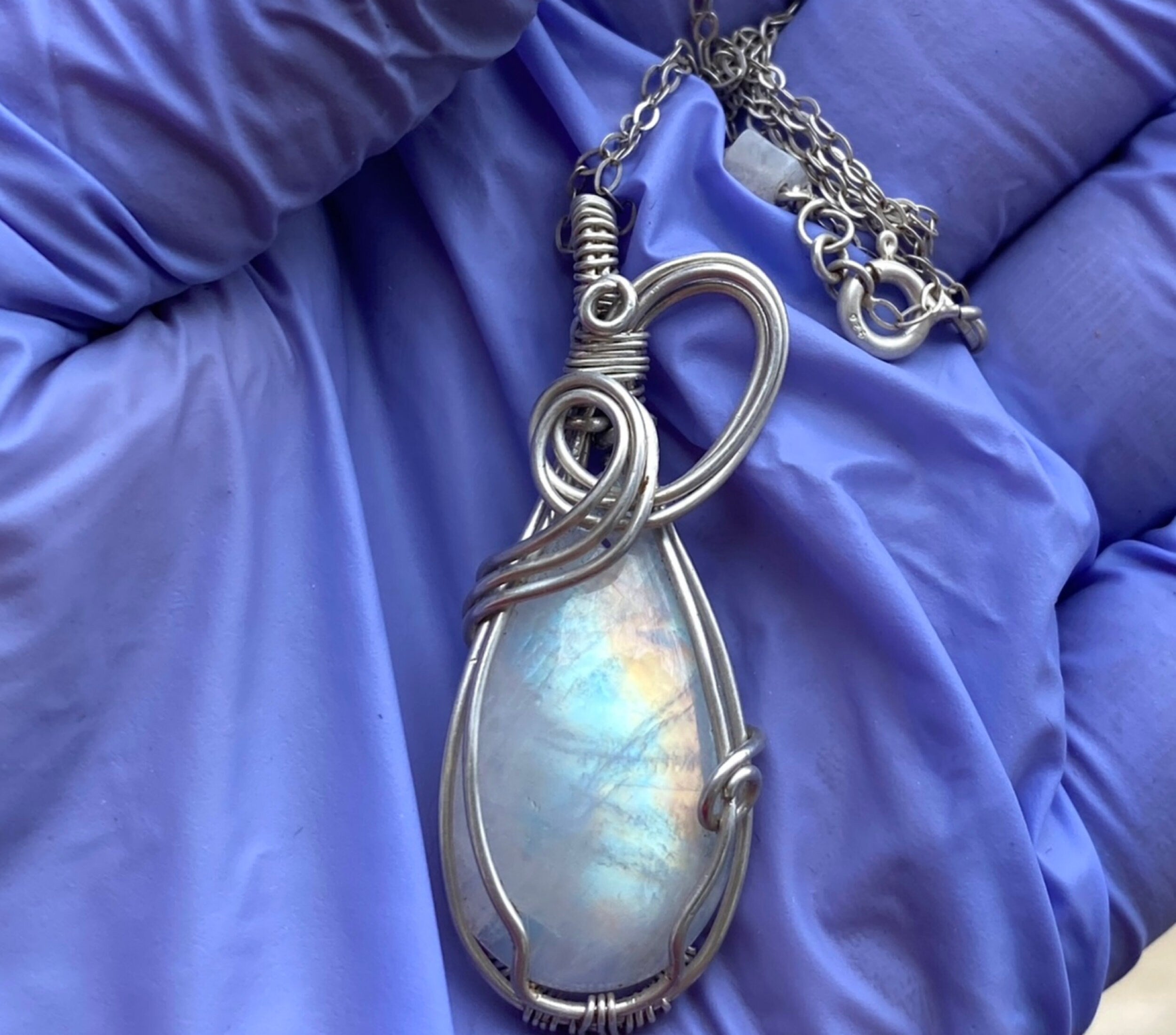 Rainbow Moonstone and Sterling Silver Pendant Necklace