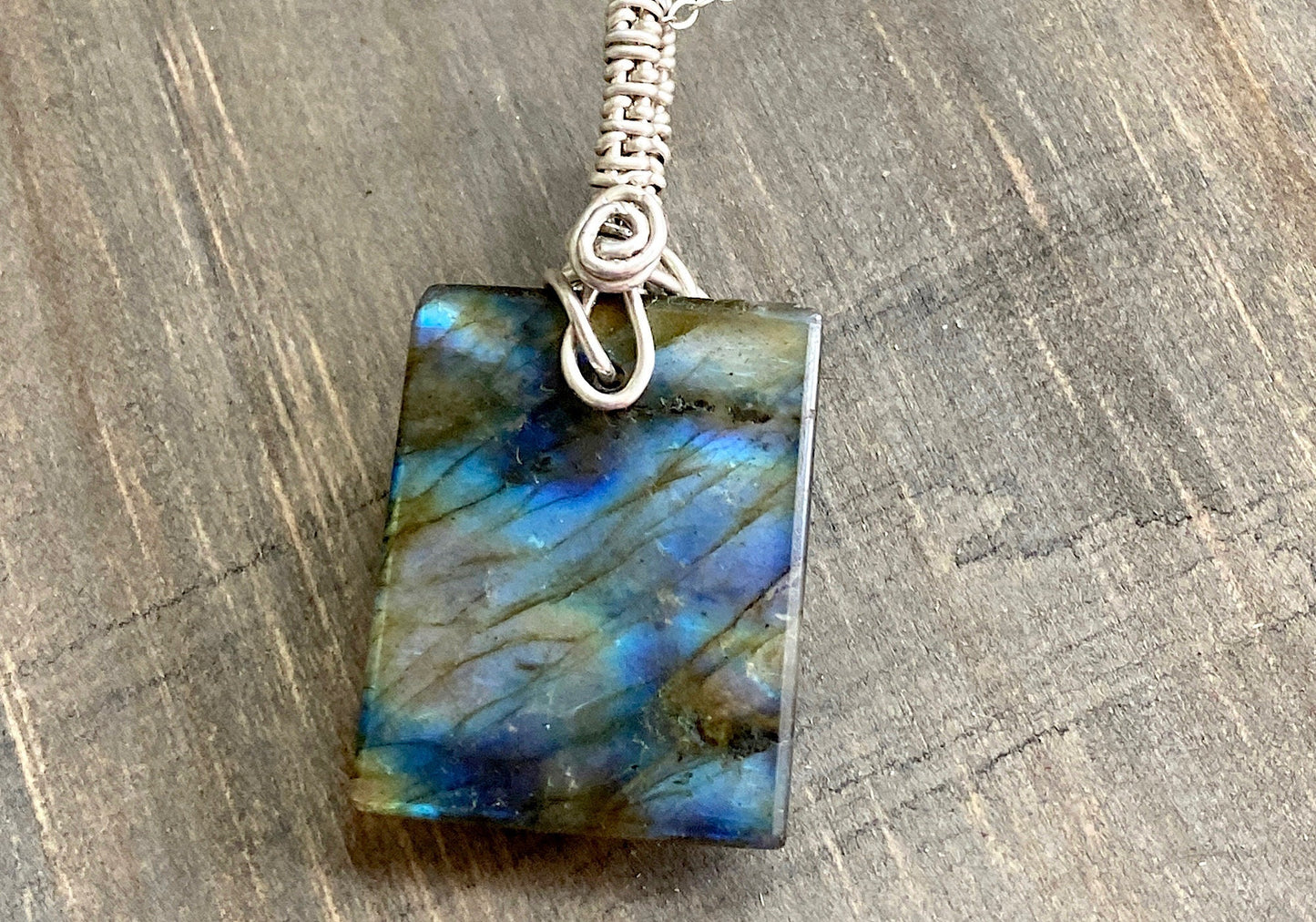 Amazing Blue Flash Rectangle Labradorite and .925 Sterling Silver Necklace, Deep Blue Handpolished Wire Wrapped Pendant, Handmade in the USA