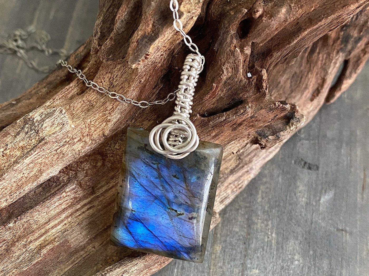 Amazing Blue Flash Rectangle Labradorite and .925 Sterling Silver Necklace, Deep Blue Handpolished Wire Wrapped Pendant, Handmade in the USA