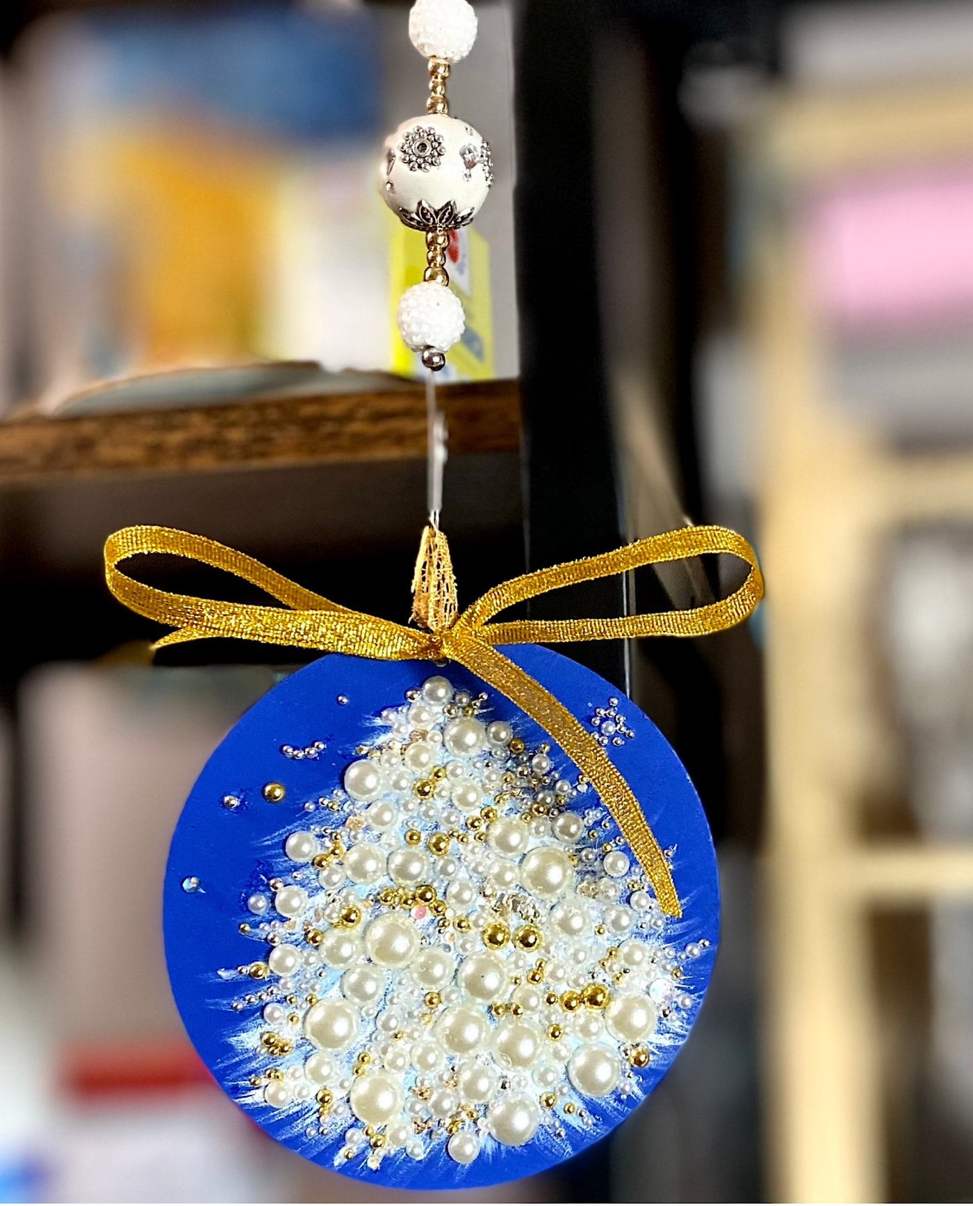 Hand Painted Blue Gold & Pearl 4" Disc Christmas Tree or Mantle Ornament-Rustic Farmhouse Holiday Decor-Perfect Housewarming Gift