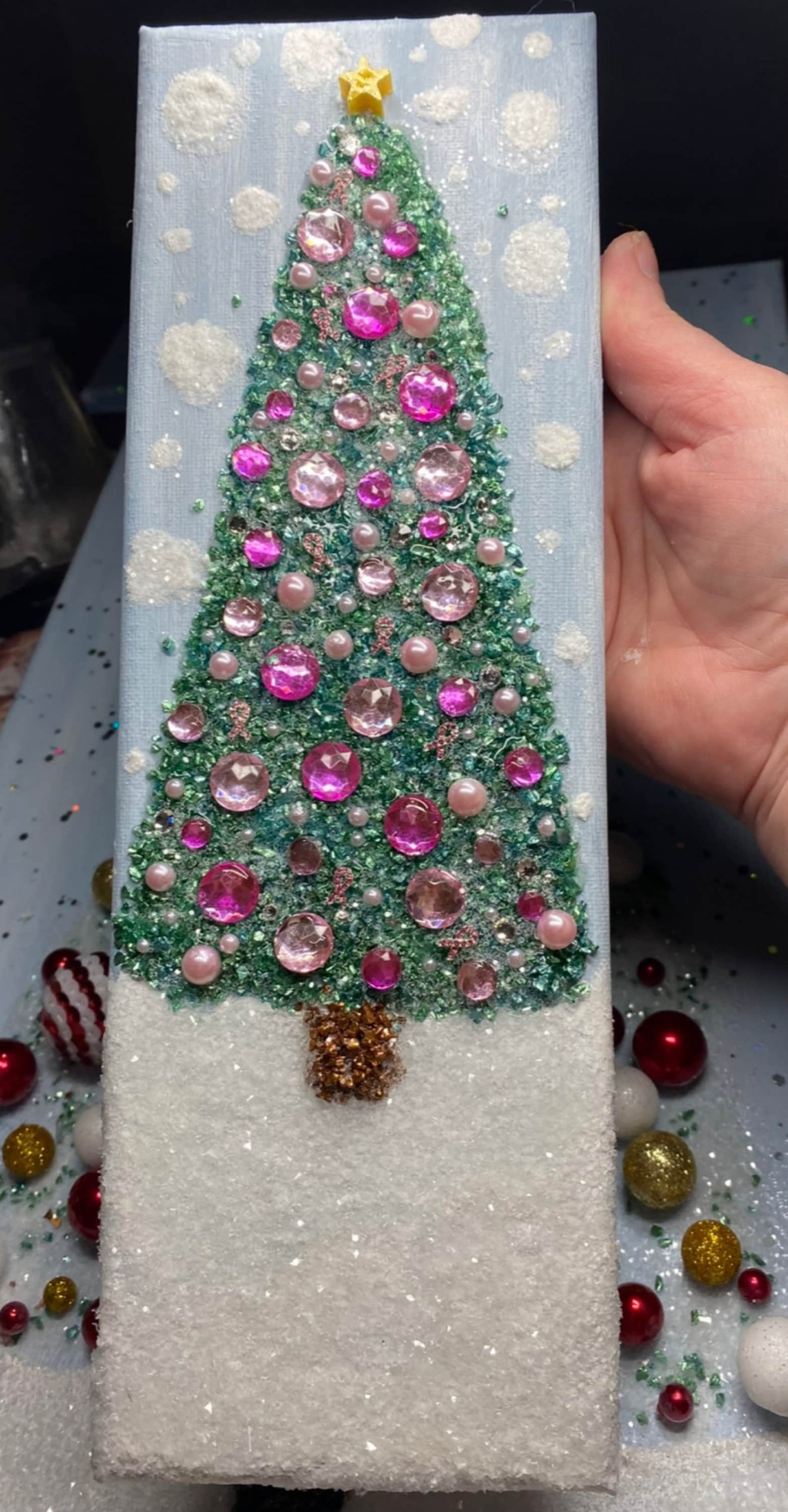 Crushed Glass and Resin 4x12" Awareness Christmas Tree Wall Hanging, Bling Tree & Tiny Ornaments, Mantle or Wall Art, Cancer Awareness