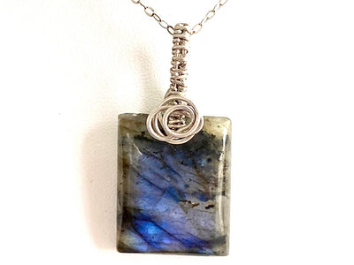 Amazing Blue Flash Rectangle Labradorite and .925 Sterling Silver Necklace, Deep Blue Handpolished Wire Wrapped Pendant, Handmade in the USA