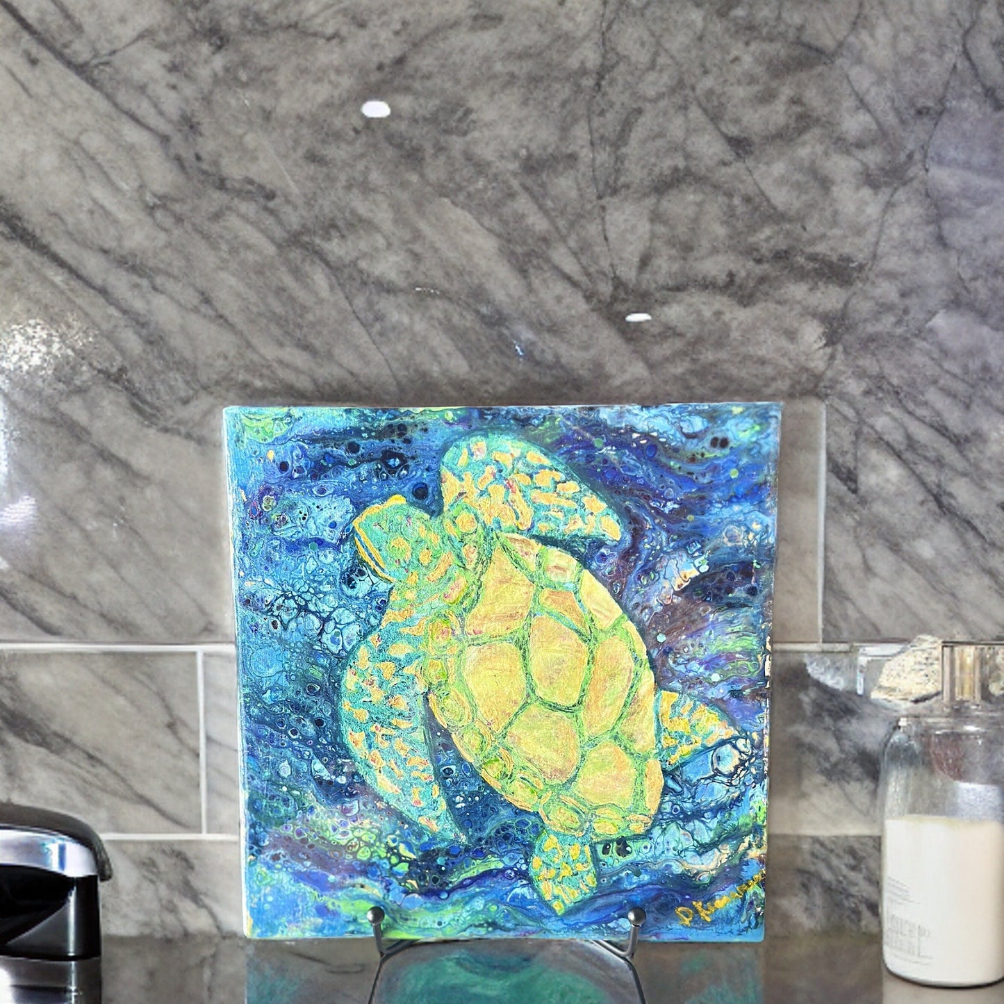 Fluid Art Sea Turtle Painting-Mixed Media Colorful Turtle on 8x8 Wood Canvas Drawing-Metallic Acrylic Paints and Resin Sealed