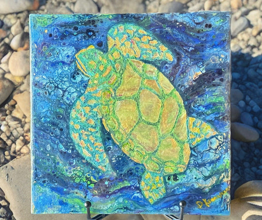 Fluid Art Sea Turtle Painting-Mixed Media Colorful Turtle on 8x8 Wood Canvas Drawing-Metallic Acrylic Paints and Resin Sealed