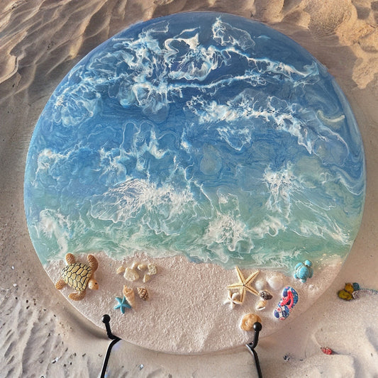 12 Inch Beach Scene Mixed Media Picture- Vibrant Coastal Resin Tabletop or Wall Hanging  Artwork Painting-Handmade in the USA