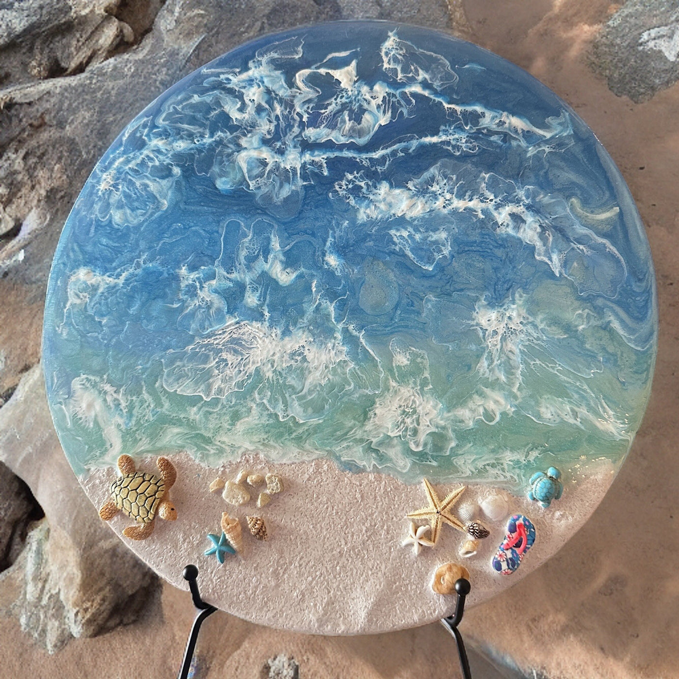 12 Inch Beach Scene Mixed Media Picture- Vibrant Coastal Resin Tabletop or Wall Hanging  Artwork Painting-Handmade in the USA