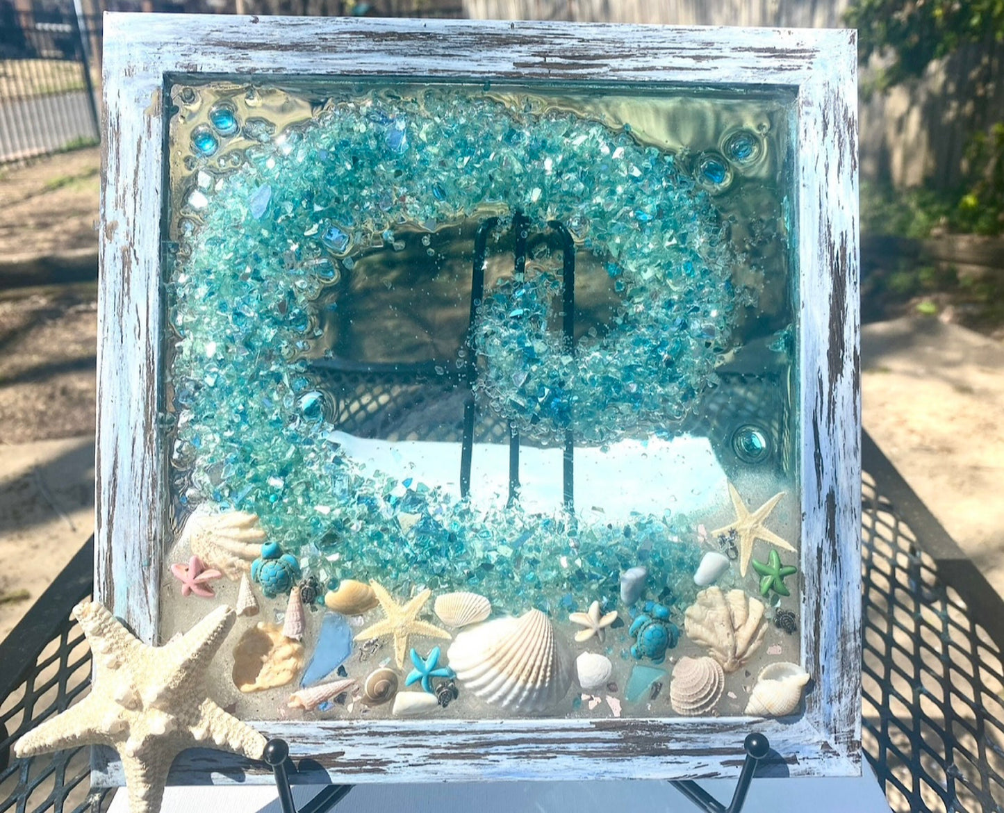 CUSTOM ORDER 9x9” Crushed Glass Framed Beach Wave Resin Wall Hanging, Sand, Shells, and Starfish Nautical Art, Handmade Coastal, USA Made