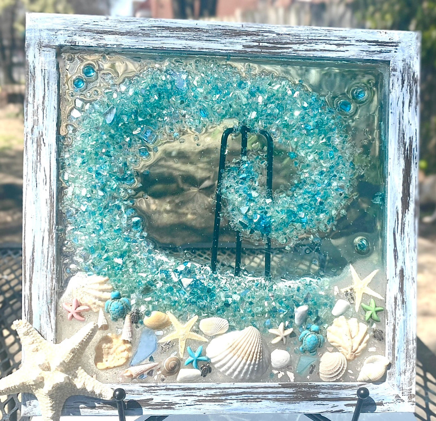 CUSTOM ORDER 9x9” Crushed Glass Framed Beach Wave Resin Wall Hanging, Sand, Shells, and Starfish Nautical Art, Handmade Coastal, USA Made