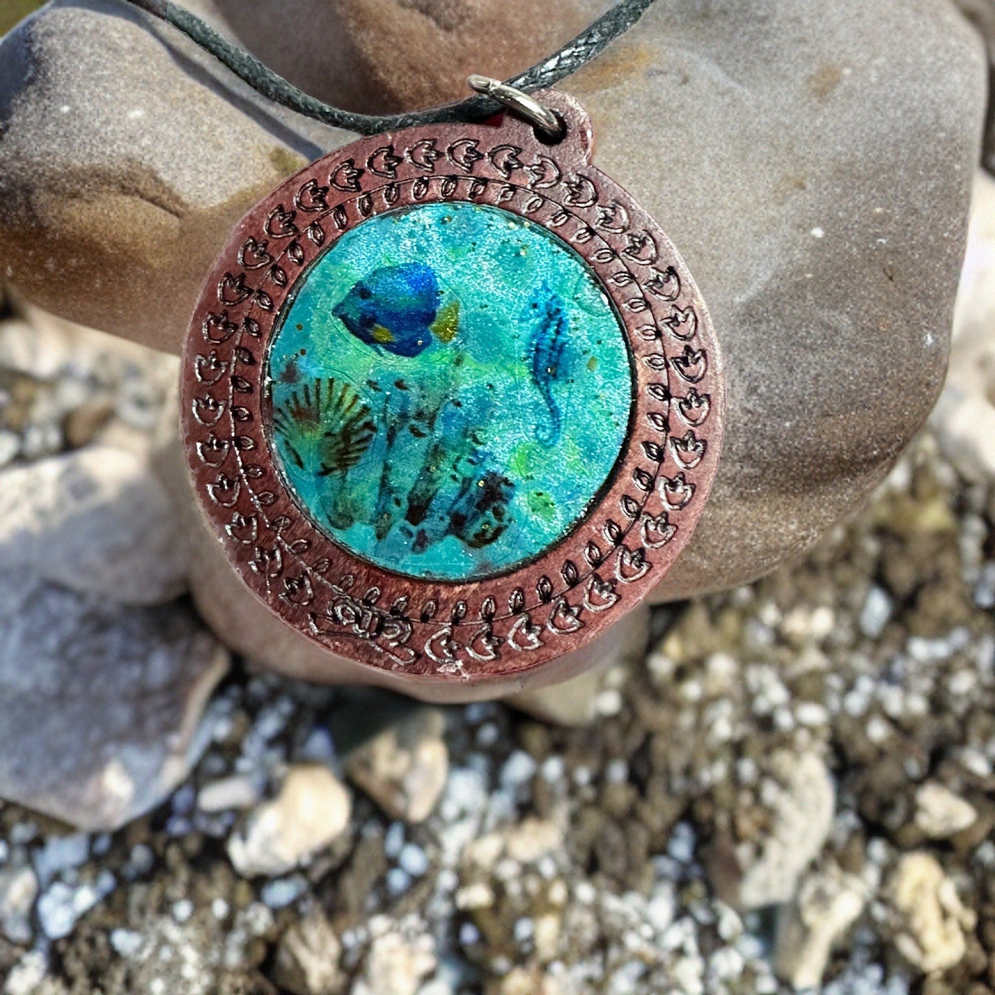 Young & Young at Heart Mermaid Ocean Fantasy Necklace-Beach Lover Unique Sea Blue Paint Skin Background Pendants-Stainless Steel-Wood-Chain