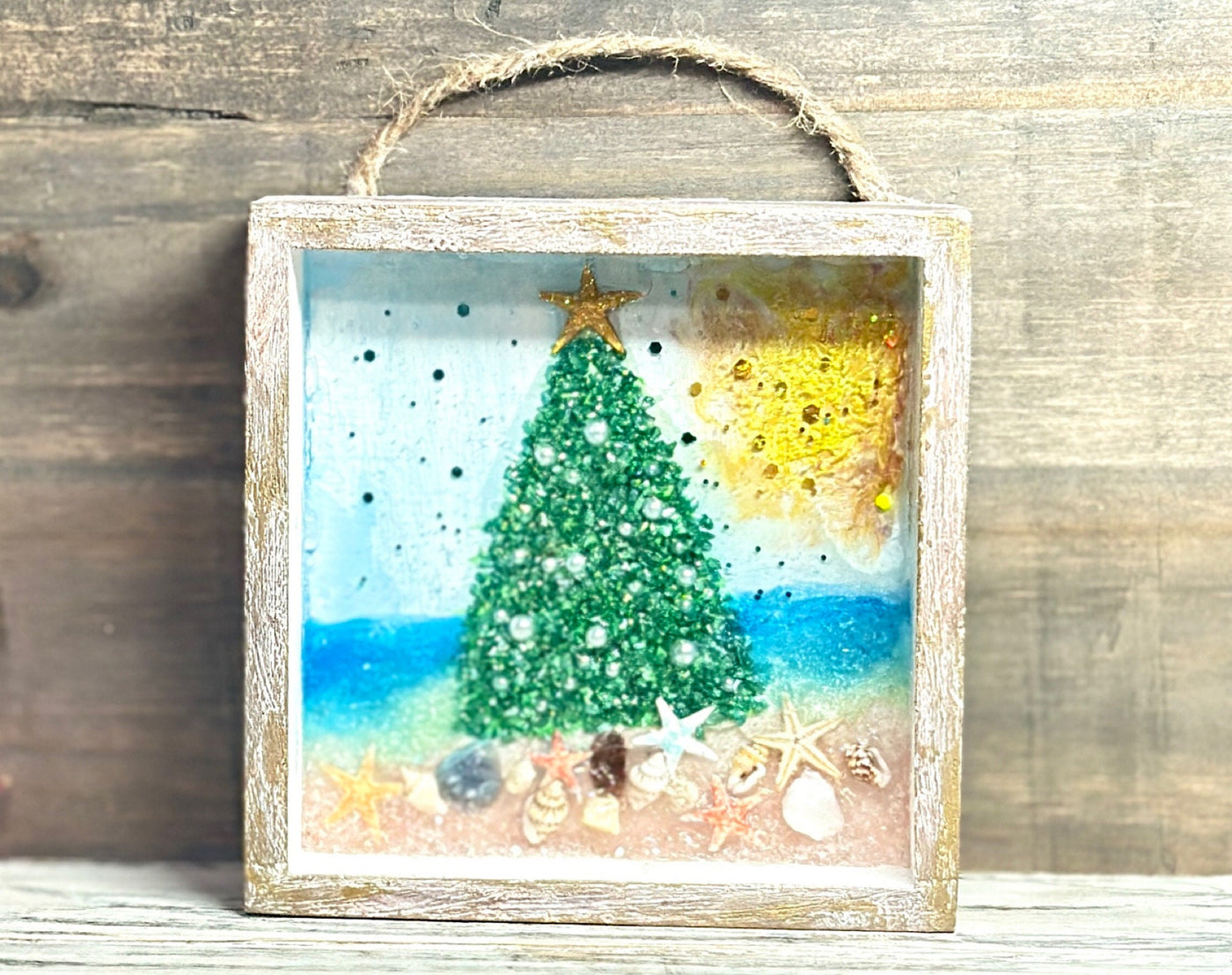 Coastal Crushed Glass Christmas Tree Wallhanging-5x5" Christmas Ornament-Tree on a Beach-Mantel Piece-Tabletop Art-Boho Christmas-Hand Made