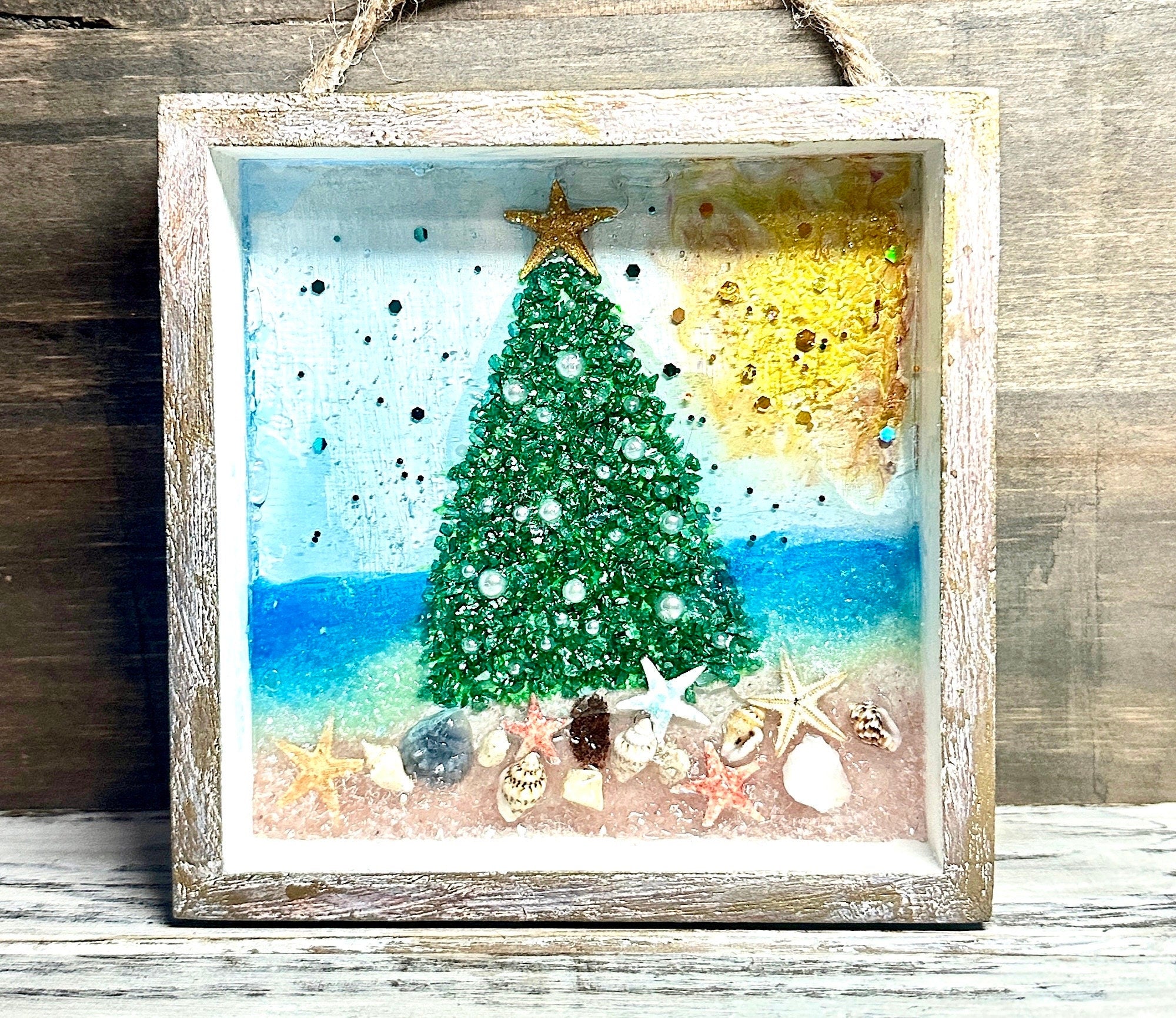 Coastal Crushed Glass Christmas Tree Wallhanging-5x5" Christmas Ornament-Tree on a Beach-Mantel Piece-Tabletop Art-Boho Christmas-Hand Made