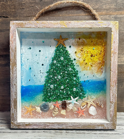 Coastal Crushed Glass Christmas Tree Wallhanging-5x5" Christmas Ornament-Tree on a Beach-Mantel Piece-Tabletop Art-Boho Christmas-Hand Made