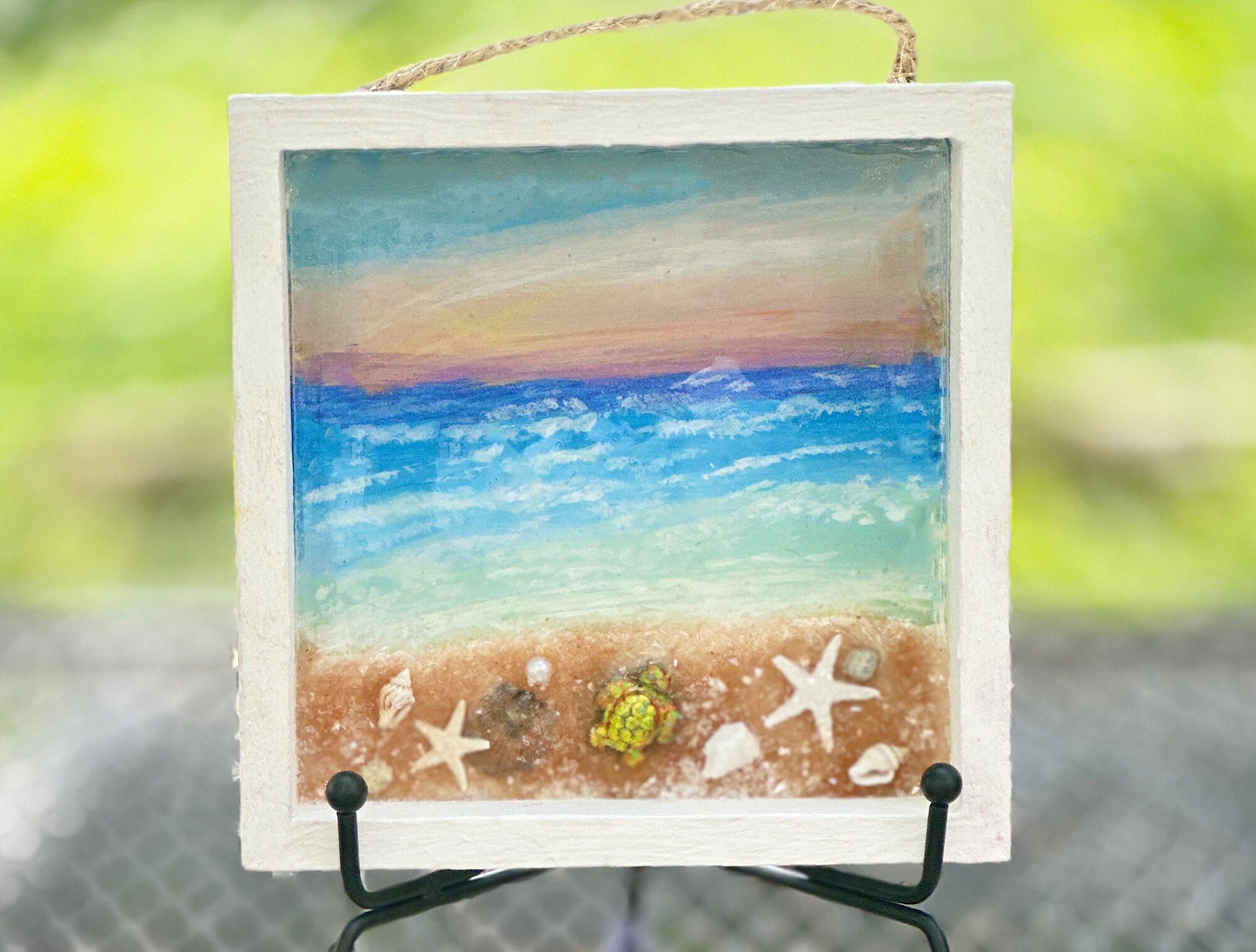 Hand Painted Beach at Sunset, Wall Hanging, Glistening Resin Coastal Mantle Shadowbox Art, Ocean and Beach Christmas Ornament, Calming Art