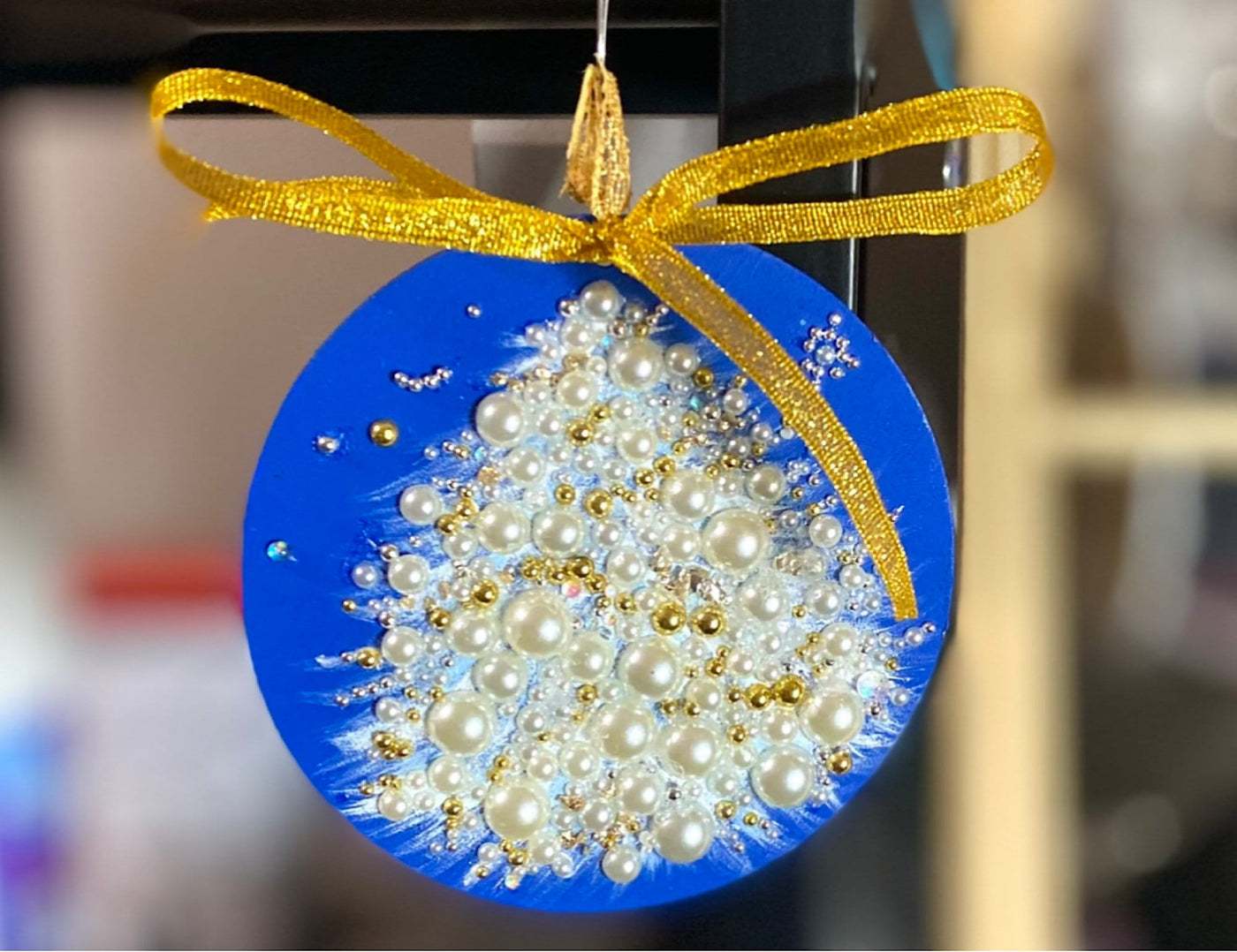 Hand Painted Blue Gold & Pearl 4" Disc Christmas Tree or Mantle Ornament-Rustic Farmhouse Holiday Decor-Perfect Housewarming Gift