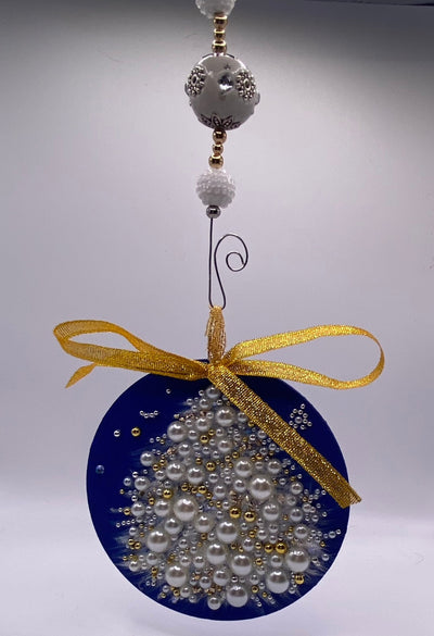 Hand Painted Blue Gold & Pearl 4" Disc Christmas Tree or Mantle Ornament-Rustic Farmhouse Holiday Decor-Perfect Housewarming Gift