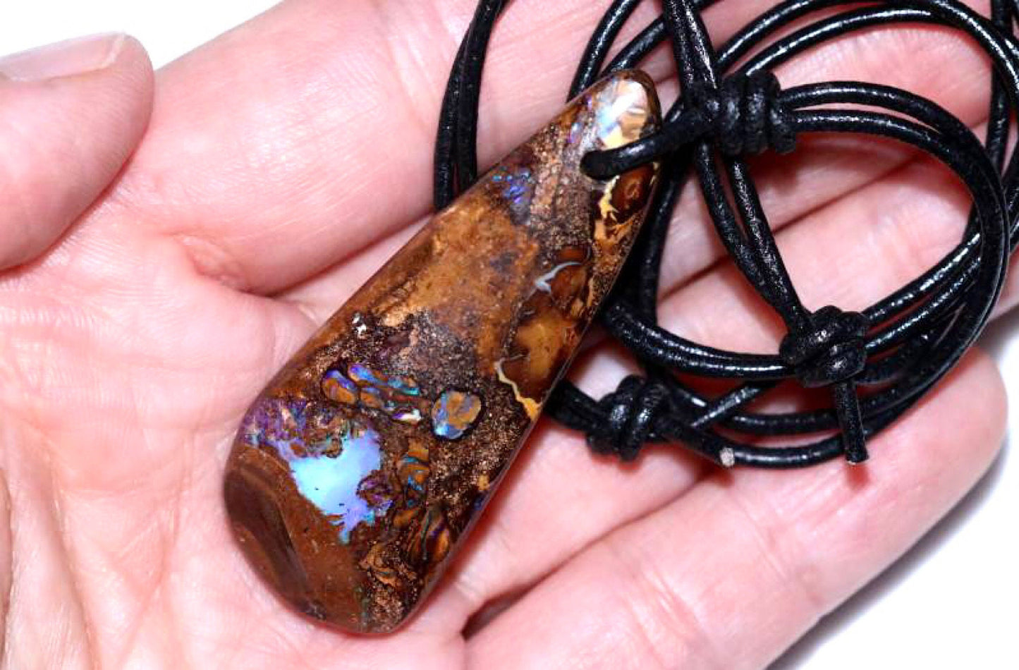 Unisex Australian Boulder Opal Pendant Perfect Gift Casual Opal and Adjustable Black Leather Cord- Large 58 Carats-Striking Colors-Christmas