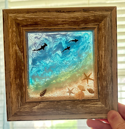 6x6" Mini Beach Art Wood Framed Mixed Media Wall Hanging-Tabletop Decor-Coastal Resin-Hand Crafted Nautical Sunset Picture-Holiday Ornament