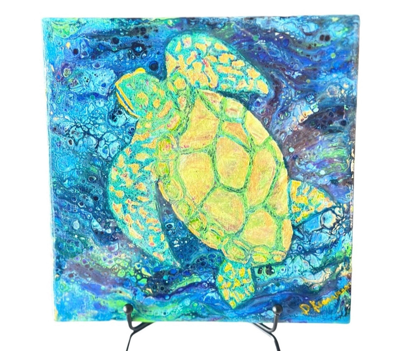 Fluid Art Sea Turtle Painting-Mixed Media Colorful Turtle on 8x8 Wood Canvas Drawing-Metallic Acrylic Paints and Resin Sealed