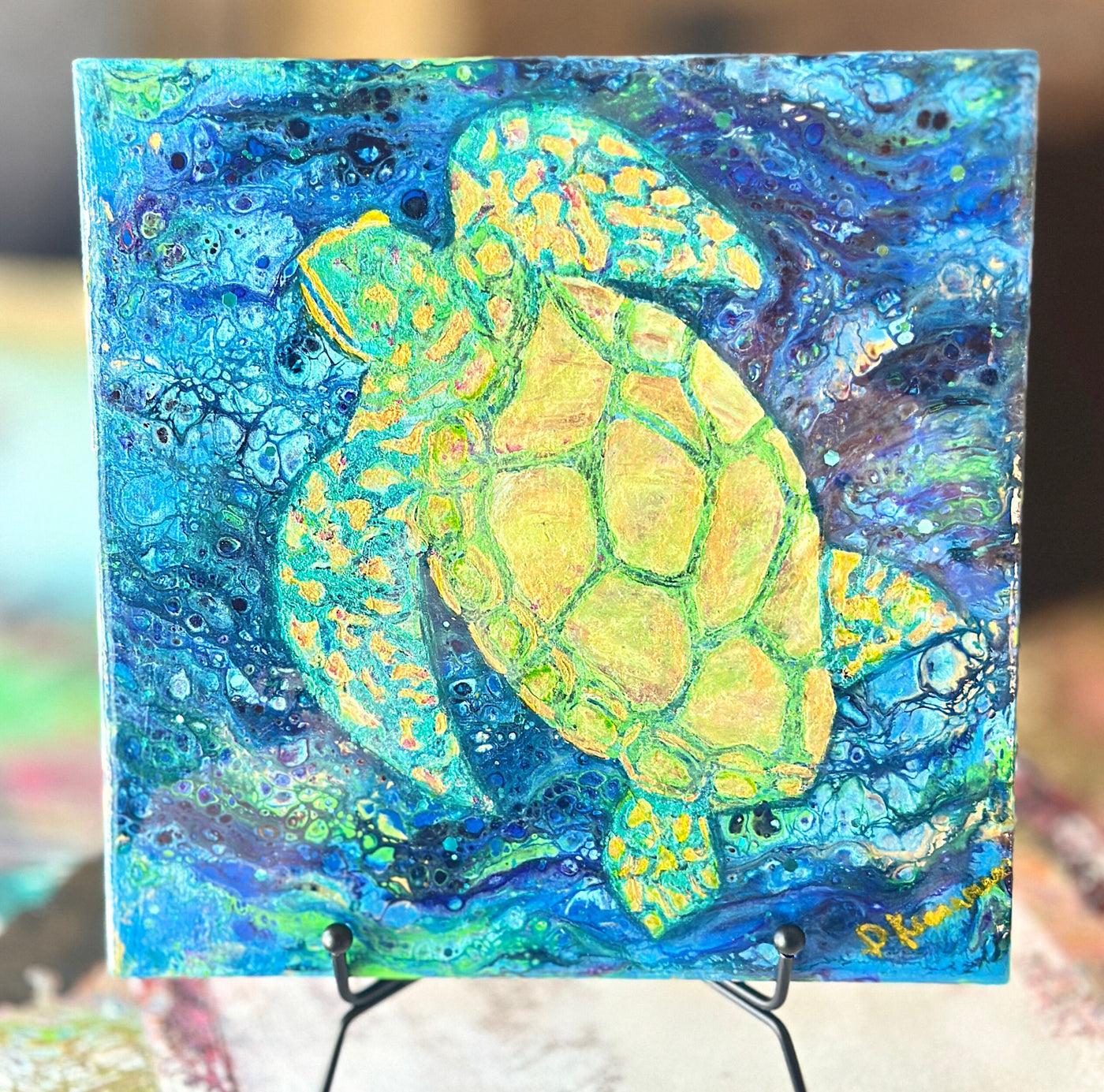 Fluid Art Sea Turtle Painting-Mixed Media Colorful Turtle on 8x8 Wood Canvas Drawing-Metallic Acrylic Paints and Resin Sealed