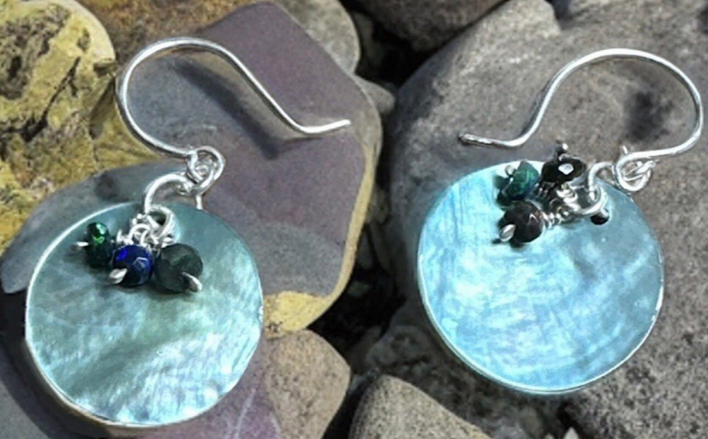 Blue Mollusk & Opal Cluster Earrings-.925 Silver Handmade Beach Lover-Great Valentines Gift-Artisan Boho Beach Jewelry-Fun Mermaid Dangles