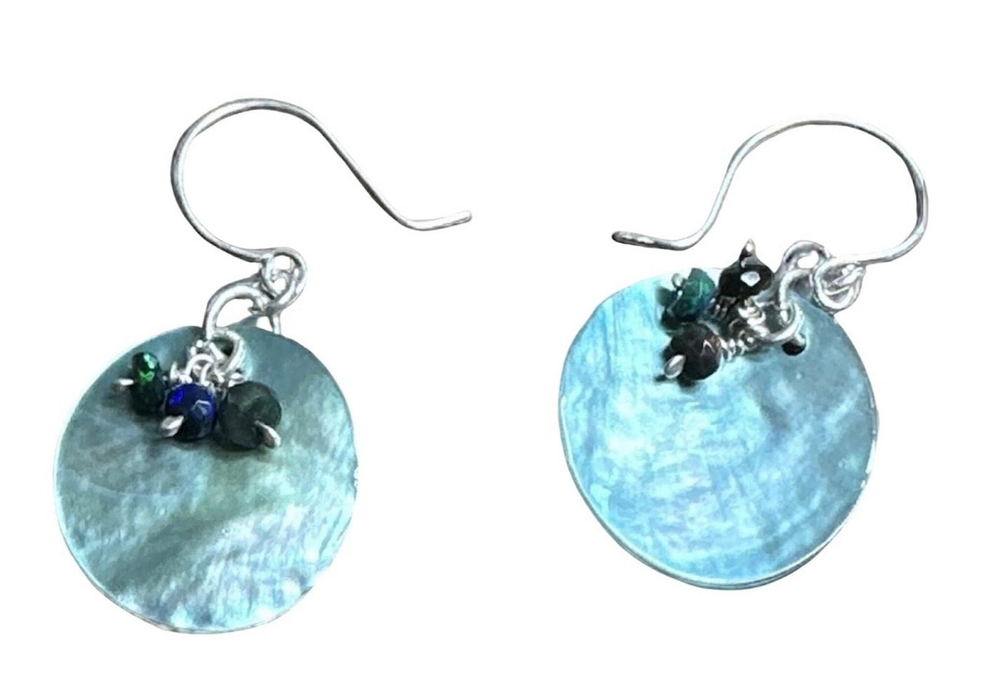 Blue Mollusk & Opal Cluster Earrings-.925 Silver Handmade Beach Lover-Great Valentines Gift-Artisan Boho Beach Jewelry-Fun Mermaid Dangles