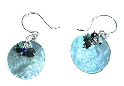 Blue Mollusk & Opal Cluster Earrings-.925 Silver Handmade Beach Lover-Great Valentines Gift-Artisan Boho Beach Jewelry-Fun Mermaid Dangles