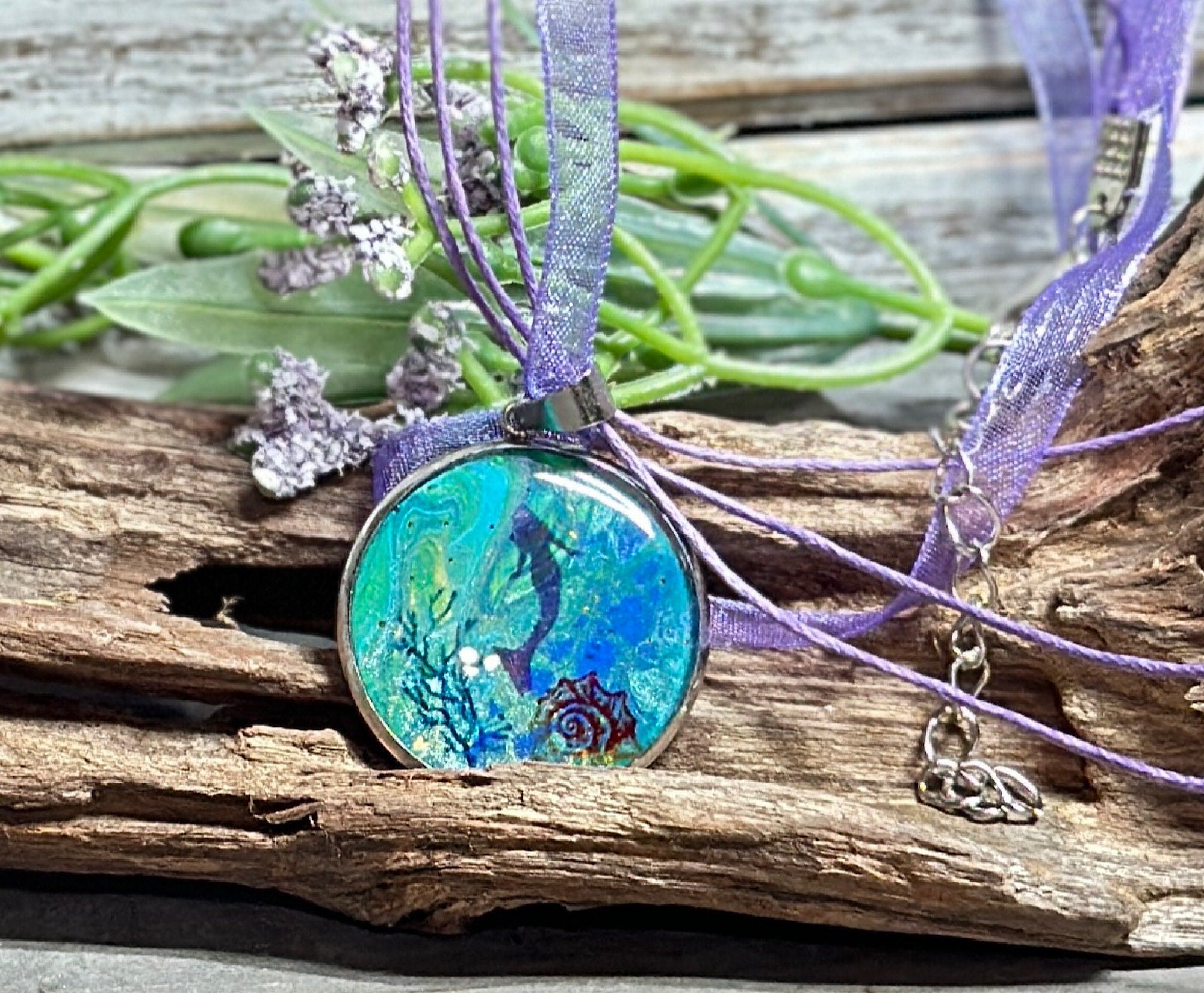 Young & Young at Heart Mermaid Ocean Fantasy Necklace-Beach Lover Unique Sea Blue Paint Skin Background Pendants-Stainless Steel-Wood-Chain