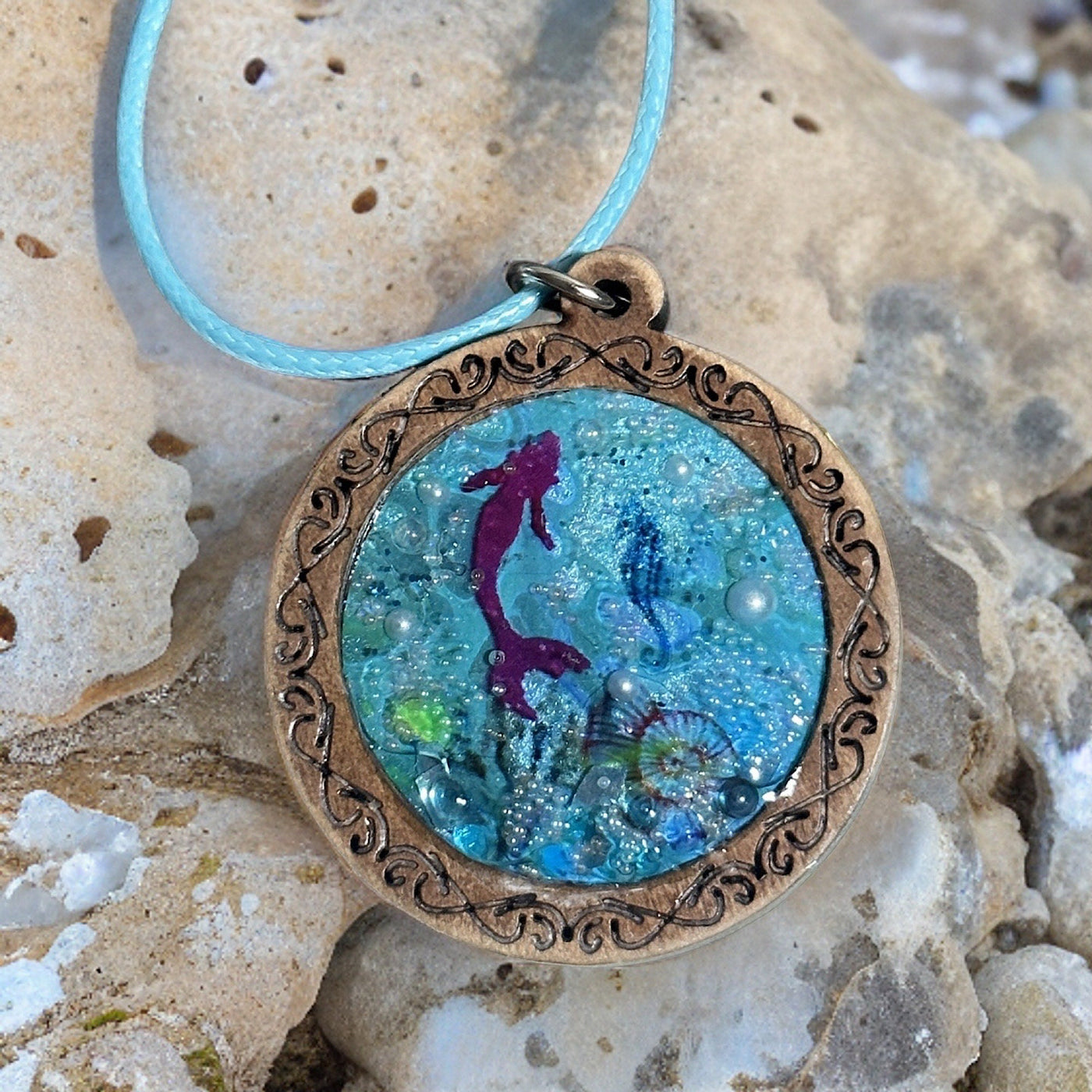 Young & Young at Heart Mermaid Ocean Fantasy Necklace-Beach Lover Unique Sea Blue Paint Skin Background Pendants-Stainless Steel-Wood-Chain