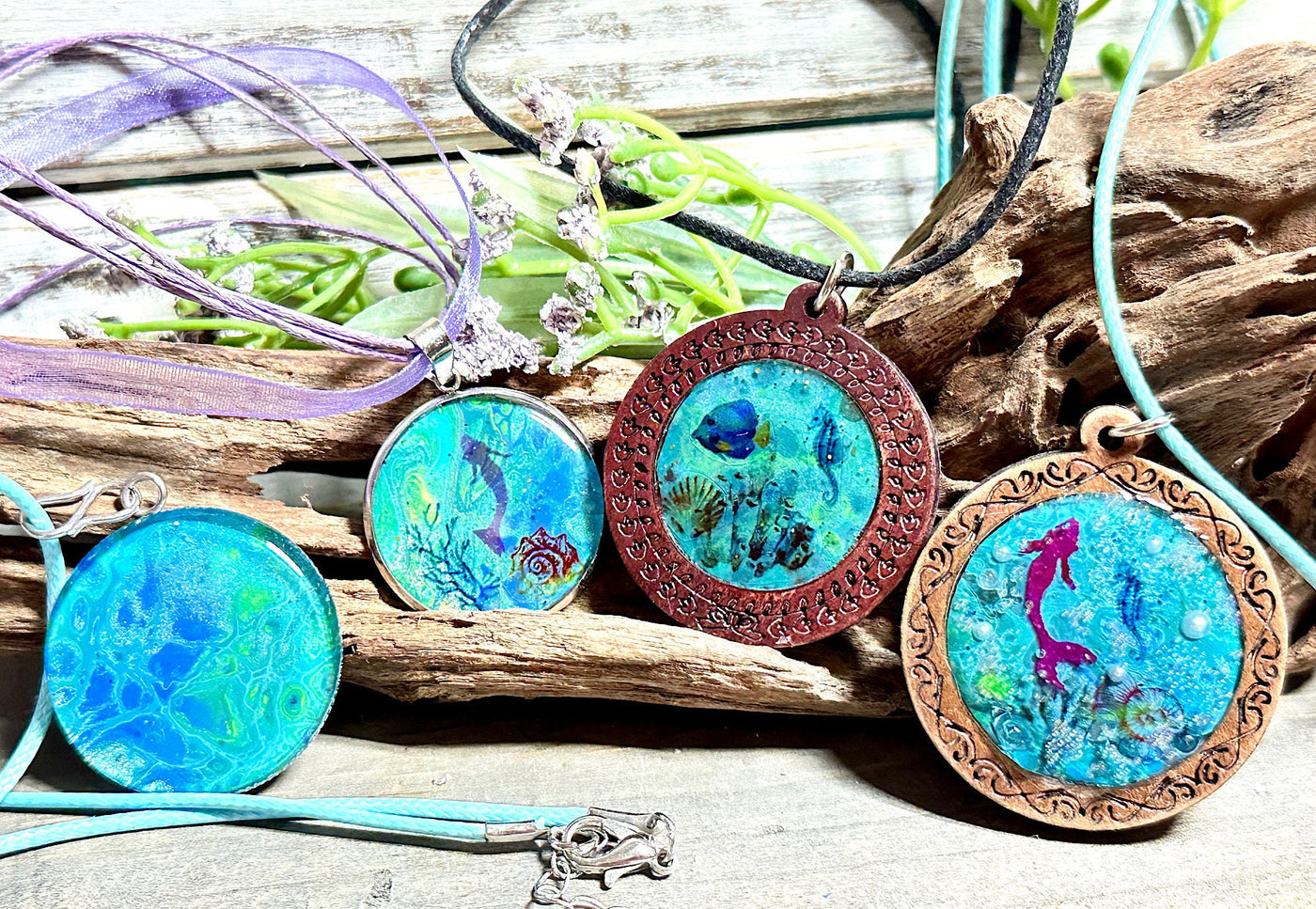 Young & Young at Heart Mermaid Ocean Fantasy Necklace-Beach Lover Unique Sea Blue Paint Skin Background Pendants-Stainless Steel-Wood-Chain