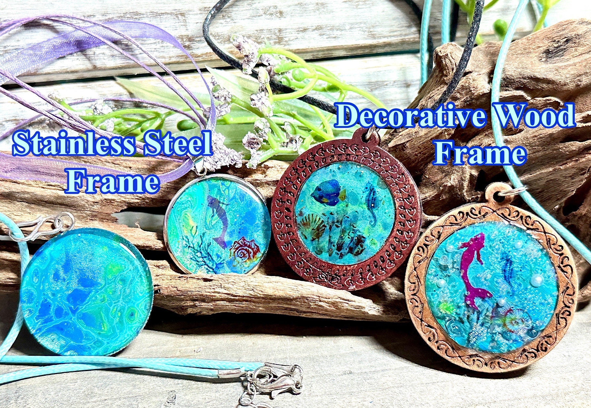 Young & Young at Heart Mermaid Ocean Fantasy Necklace-Beach Lover Unique Sea Blue Paint Skin Background Pendants-Stainless Steel-Wood-Chain