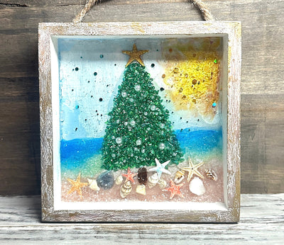 Coastal Crushed Glass Christmas Tree Wallhanging-5x5" Christmas Ornament-Tree on a Beach-Mantel Piece-Tabletop Art-Boho Christmas-Hand Made