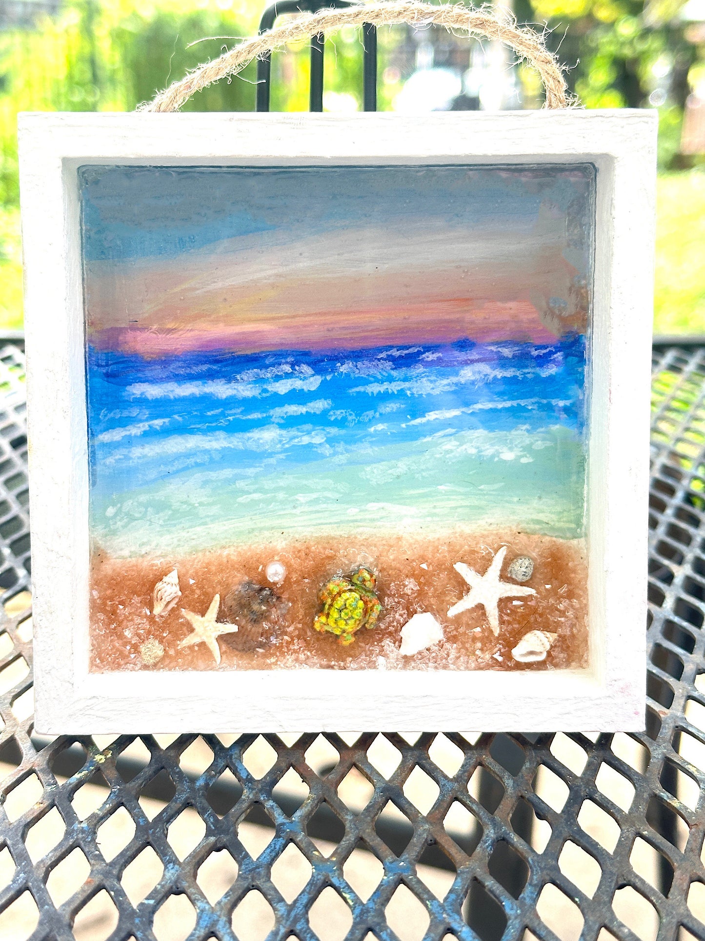 Hand Painted Beach at Sunset, Wall Hanging, Glistening Resin Coastal Mantle Shadowbox Art, Ocean and Beach Christmas Ornament, Calming Art