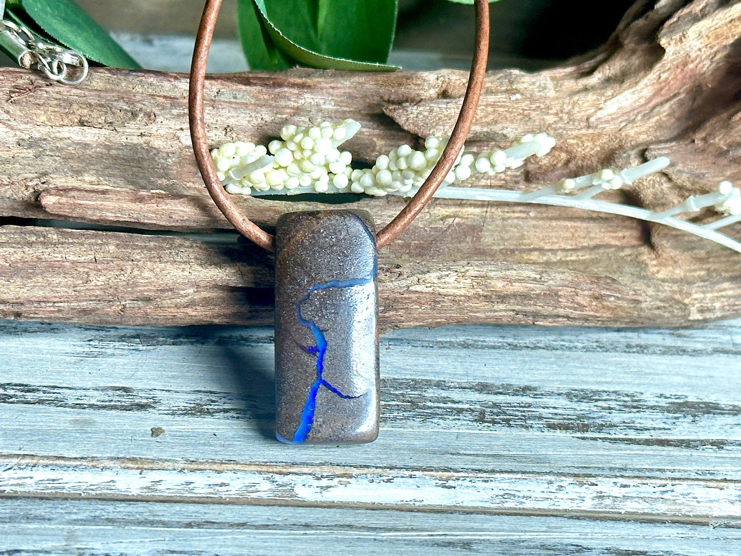 Boulder Opal Pendant Necklace-Unisex-Genuine Distressed Brown Leather Strap